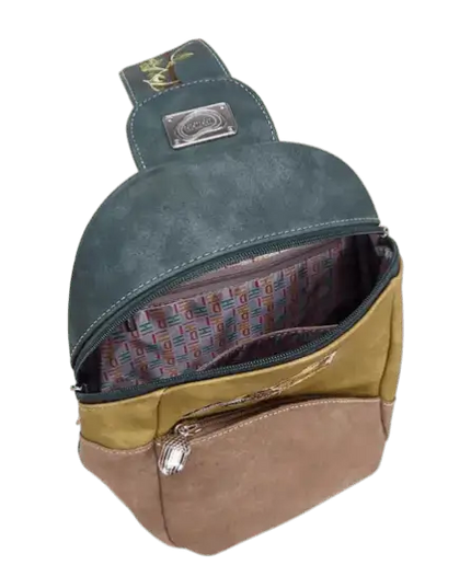 mála droma, slingbag "Tjirp", gorm dorcha/ buí/ donn