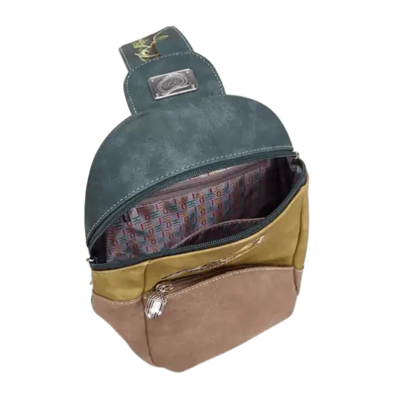 mochila, bolsa sling "Tjirp", azul escuro/amarelo/marrom