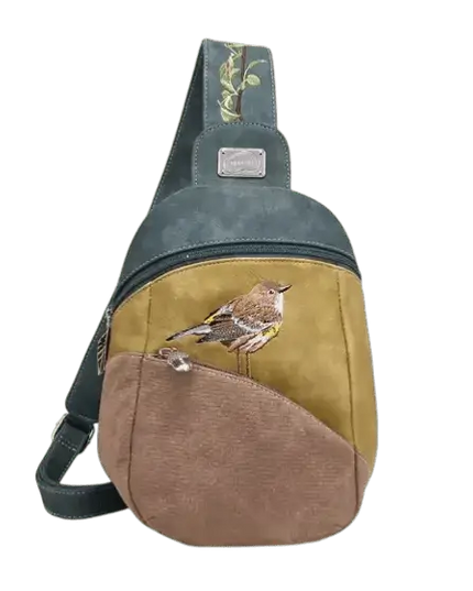 mála droma, slingbag "Tjirp", gorm dorcha/ buí/ donn