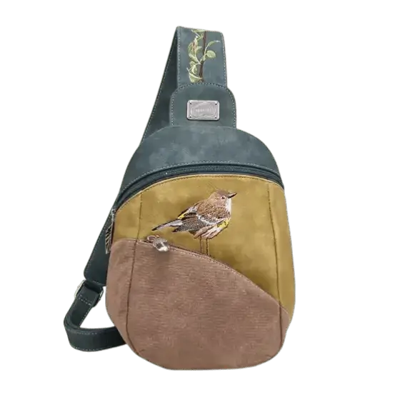 mochila, bolsa sling "Tjirp", azul escuro/amarelo/marrom