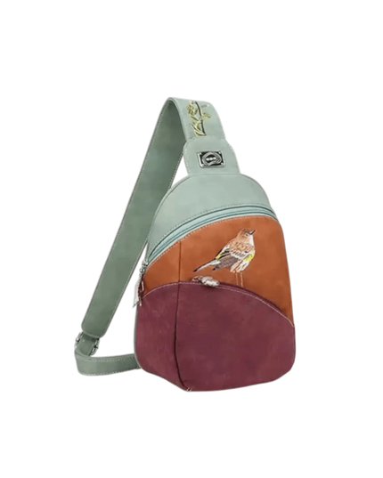 mochila, bolsa sling "Tjirp", verde/conhaque/roxo