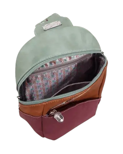 mochila, bolsa sling "Tjirp", verde/conhaque/roxo