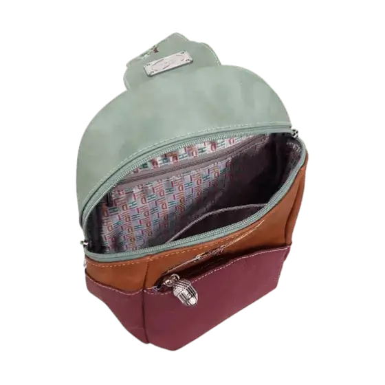 Backpack, Sling Bag "Tjirp", Green/Cognac/Purple