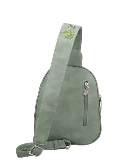 mochila, bolsa sling "Tjirp", verde/conhaque/roxo