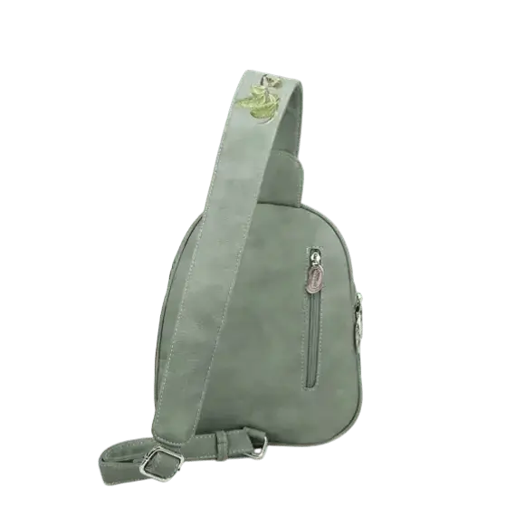 Backpack, Sling Bag "Tjirp", Green/Cognac/Purple