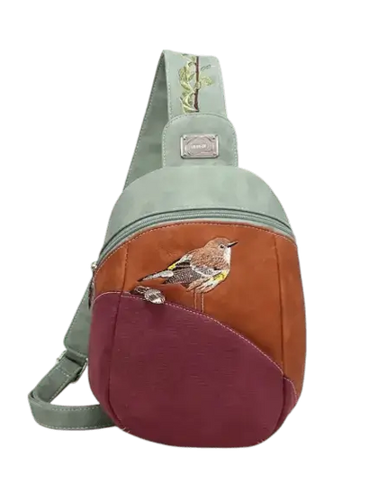mochila, bolsa sling "Tjirp", verde/conhaque/roxo