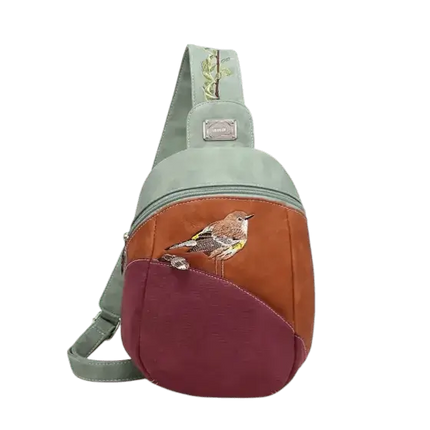 rugzak, slingbag "Tjirp", groen/ cognac/ paars