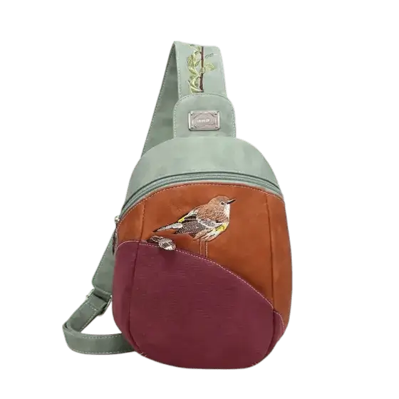 Backpack, Sling Bag "Tjirp", Green/Cognac/Purple