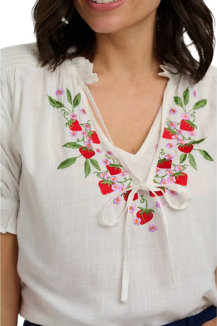 SUGAR HILL BRIGHTON ANGELIQUE SHIRRED TOP  OFF WHITE, WILD STRAWBERRY