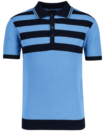 Terry Retro Mod Żebrowany Sweter Polo w Paski Niebiesko-Czarny