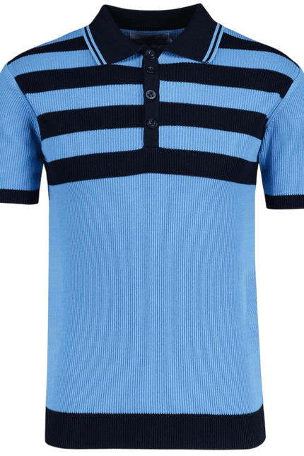 Terry Retro Mod Ribbed Knit Striped Polo in Blue/Black