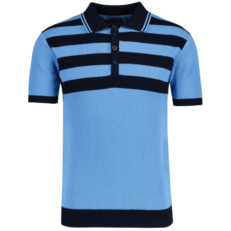 Terry Retro Mod Ribbed Knit Striped Polo in Blue/Black