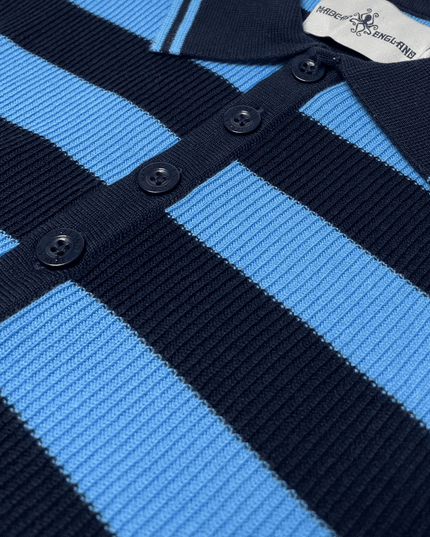 Terry Retro Mod Żebrowany Sweter Polo w Paski Niebiesko-Czarny