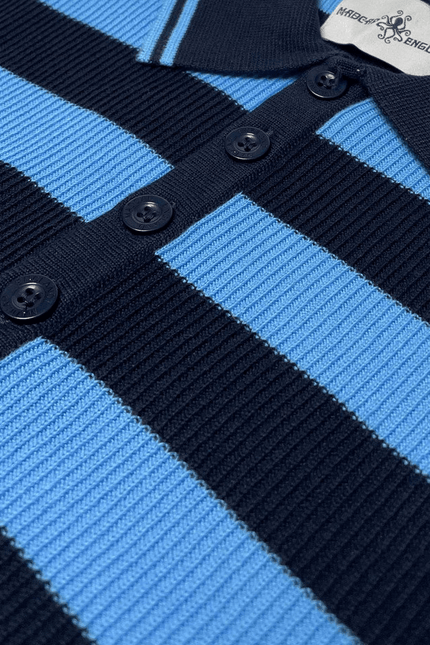 Terry Retro Mod Ribbed Knit Striped Polo in Blue/Black