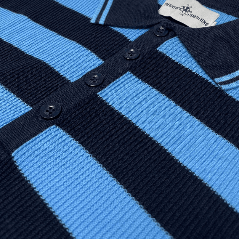 Terry Retro Mod Ribbed Knit Striped Polo in Blue/Black