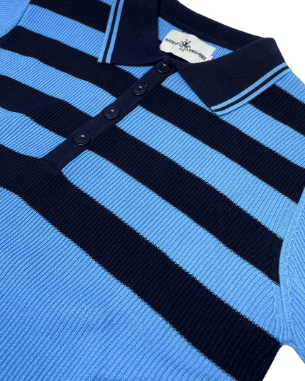 Terry Retro Mod Żebrowany Sweter Polo w Paski Niebiesko-Czarny