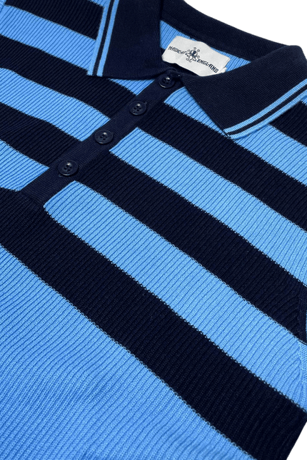 Terry Retro Mod Ribbed Knit Striped Polo in Blue/Black