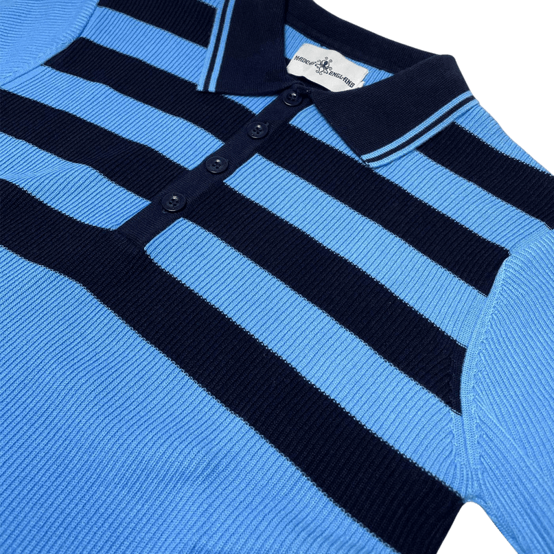 Terry Retro Mod Ribbed Knit Striped Polo in Blue/Black